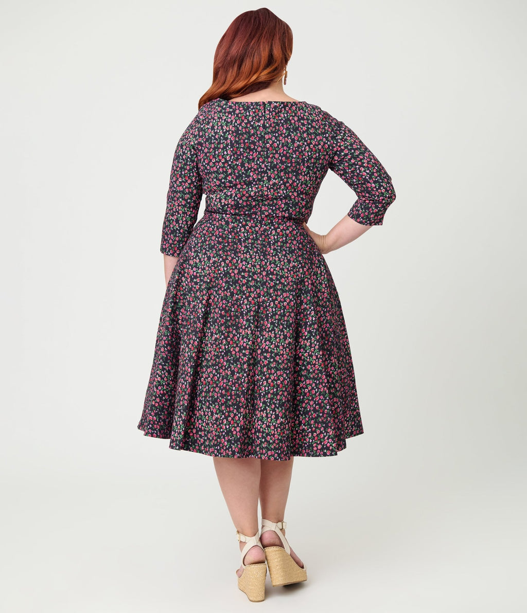 Unique Vintage Plus Size Black Ditzy Rose Pleated Bust Swing Dress - Unique Vintage - Womens, DRESSES, SWING