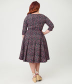 Unique Vintage Plus Size Black Ditzy Rose Pleated Bust Swing Dress - Unique Vintage - Womens, DRESSES, SWING
