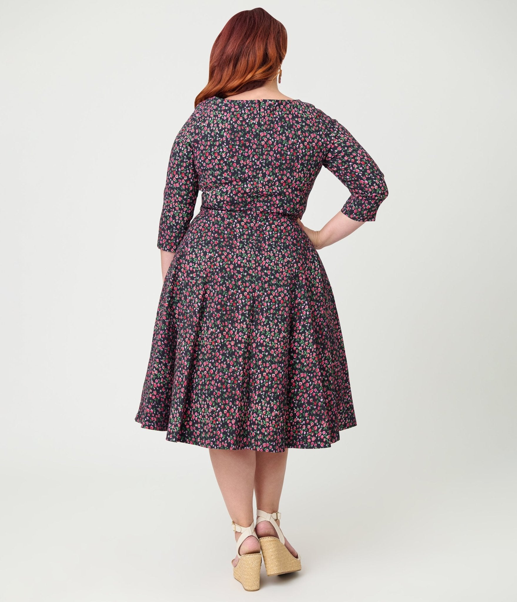 Unique Vintage Plus Size Black Ditzy Rose Pleated Bust Swing Dress - Unique Vintage - Womens, DRESSES, SWING