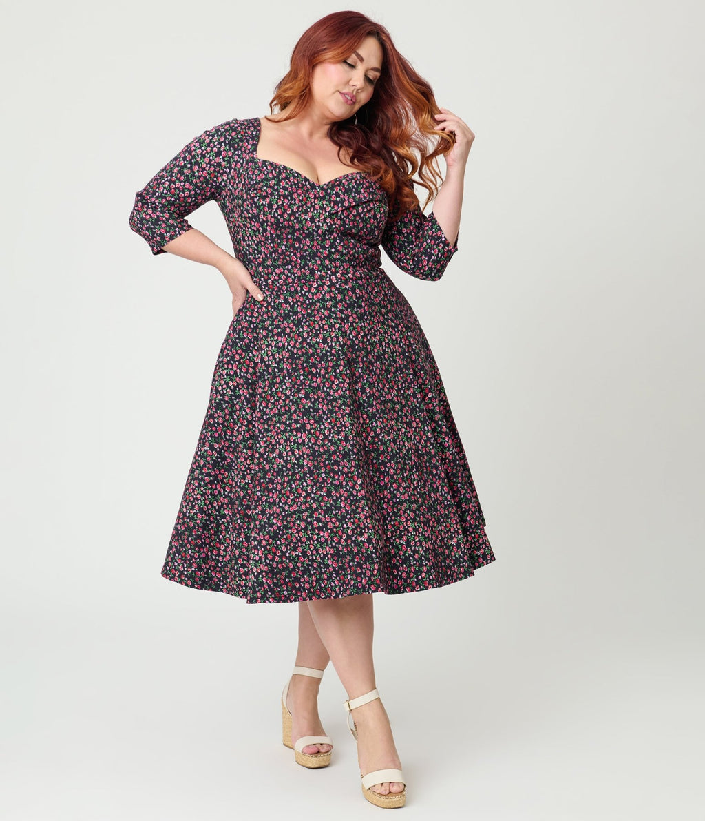 Unique Vintage Plus Size Black Ditzy Rose Pleated Bust Swing Dress - Unique Vintage - Womens, DRESSES, SWING