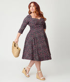 Unique Vintage Plus Size Black Ditzy Rose Pleated Bust Swing Dress - Unique Vintage - Womens, DRESSES, SWING
