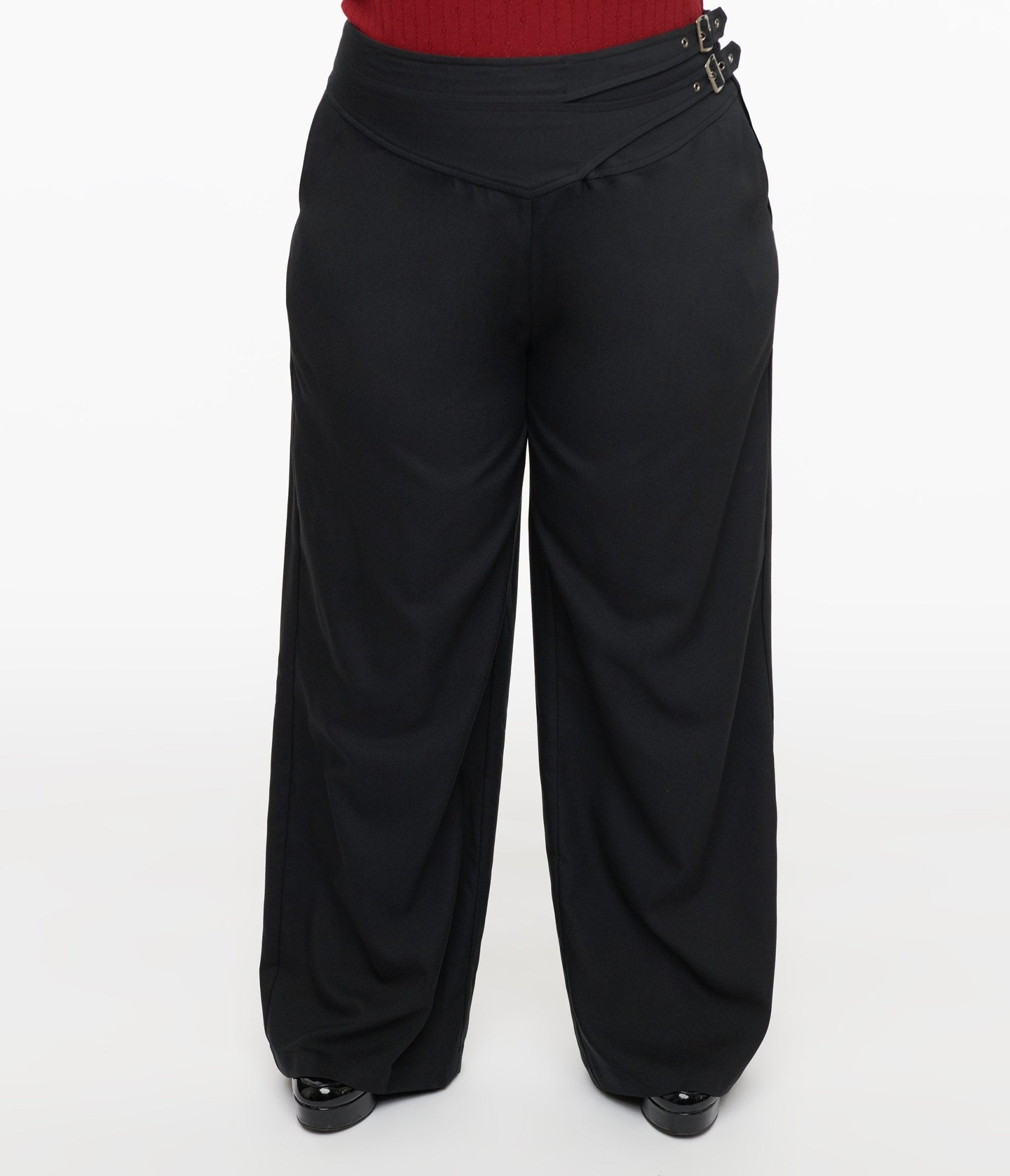 Unique Vintage Plus Size Black Double Belt Woven Pants - Unique Vintage - Womens, BOTTOMS, PANTS
