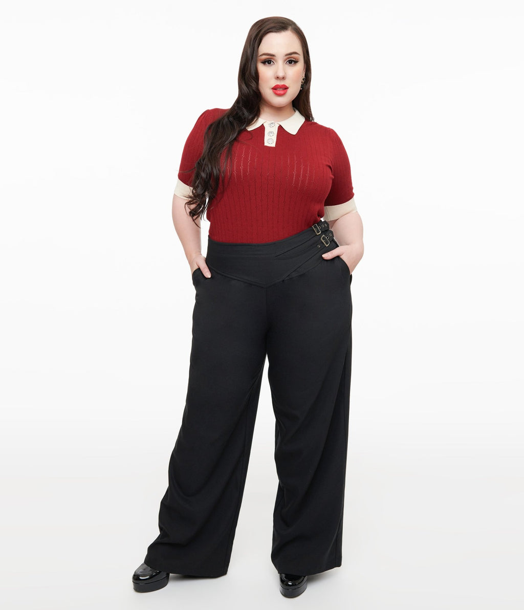 Unique Vintage Plus Size Black Double Belt Woven Pants - Unique Vintage - Womens, BOTTOMS, PANTS