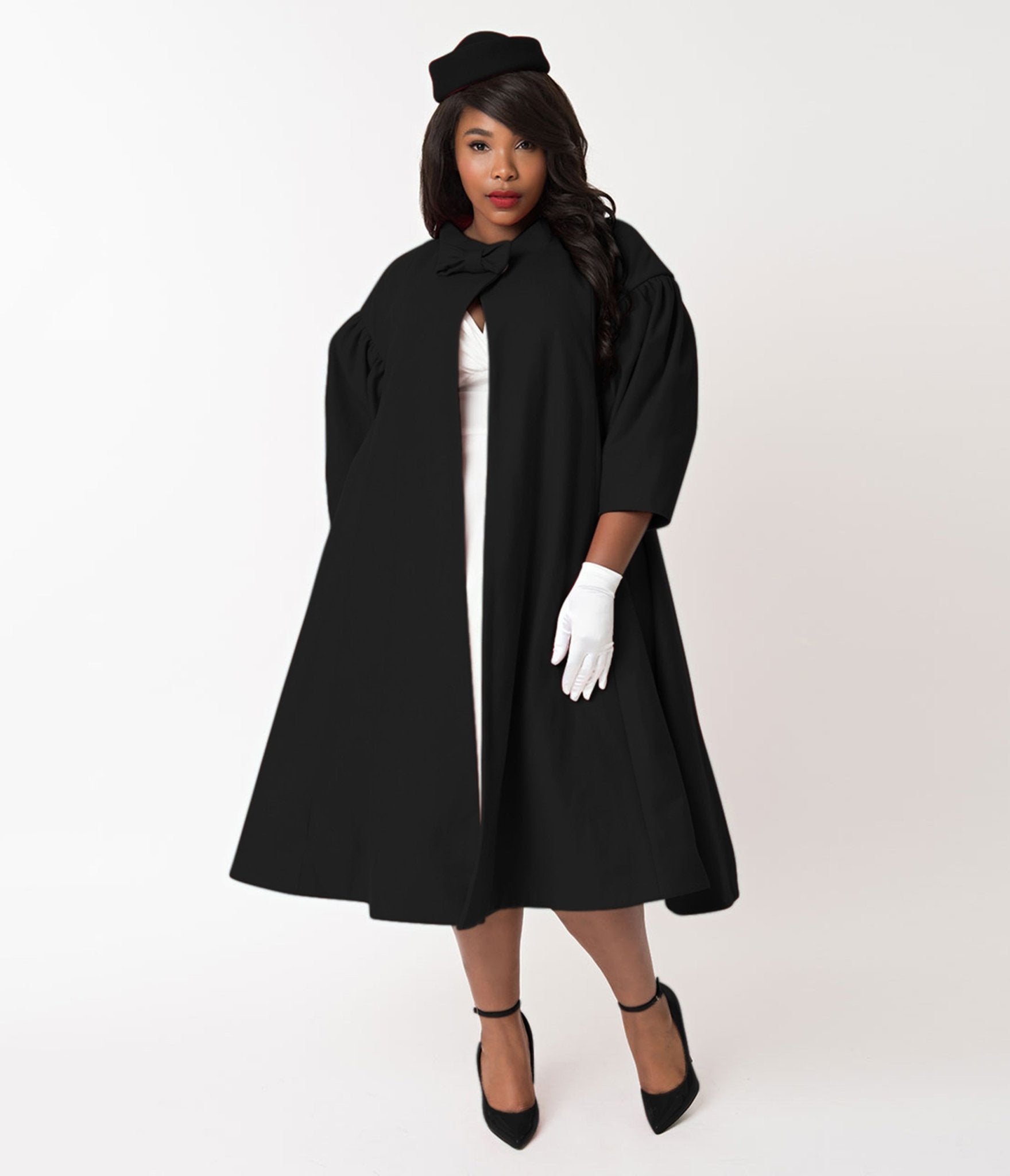 Unique Vintage Plus Size Black Flare Swing Coat