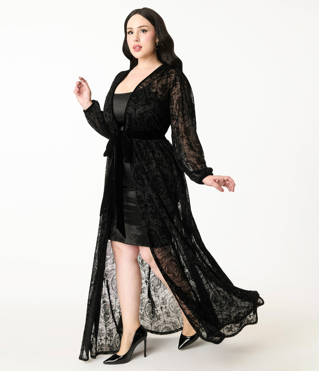 Unique Vintage Plus Size Black Flocked La Caterina Hollywood Duster