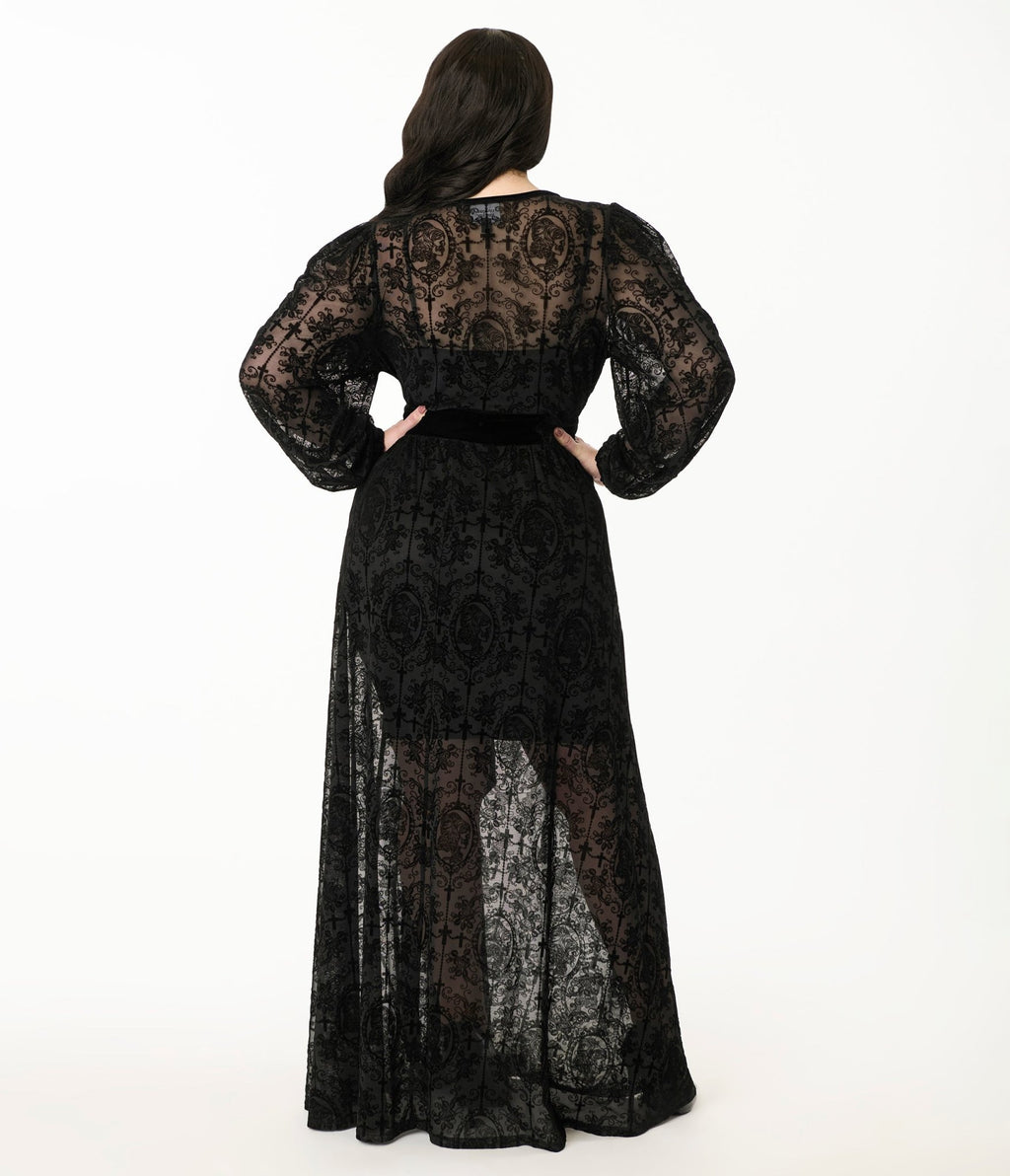 caterina maxi dress Unique Vintage Plus Size Black Flocked La Caterina Hollywood Duster