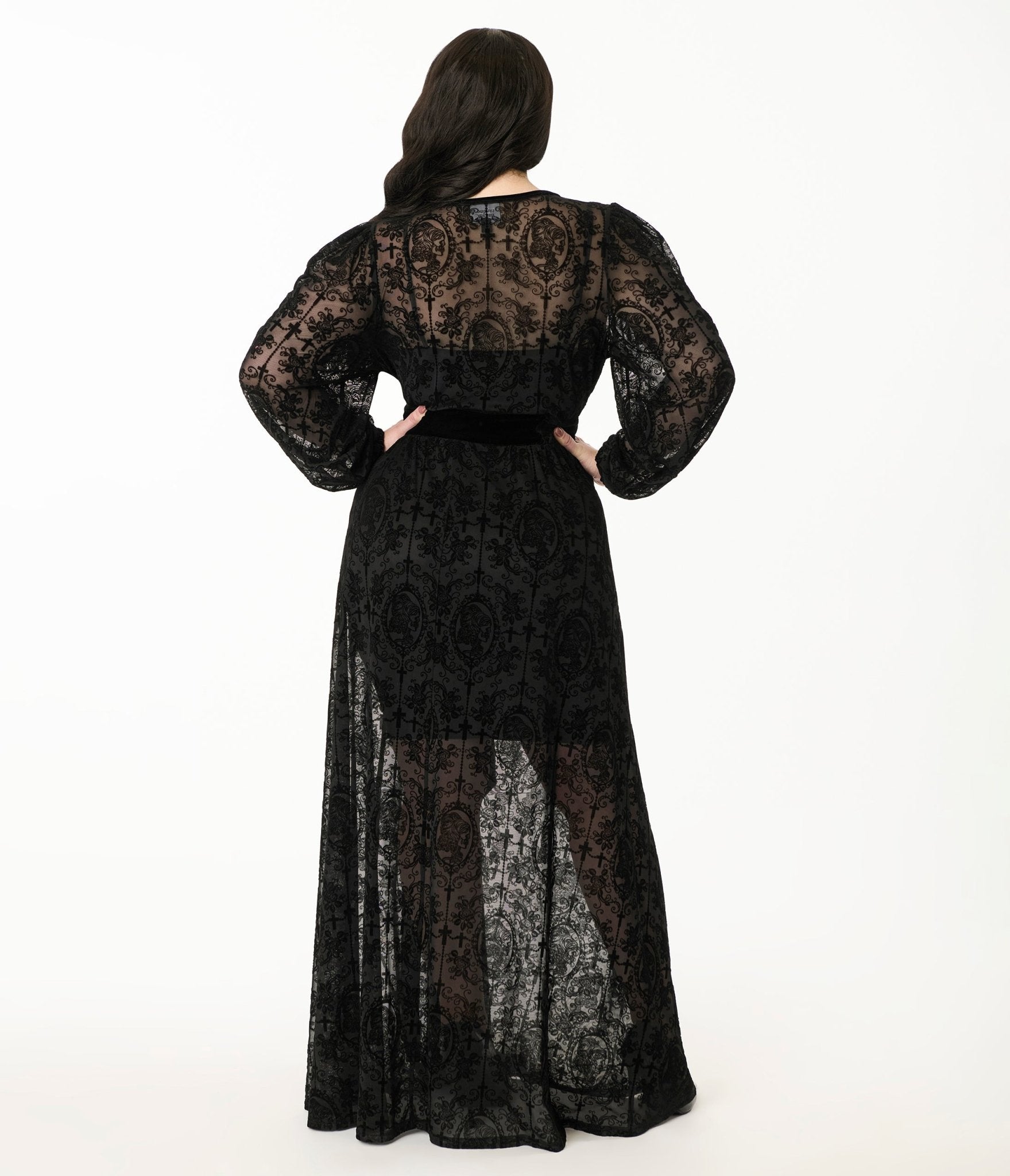 duster maxi dress Unique Vintage Plus Size Black Flocked La Caterina Hollywood Duster