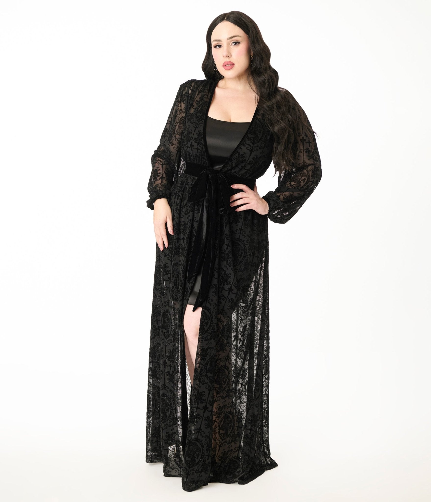 Unique Vintage Plus Size Black Flocked La Caterina Hollywood Duster - Unique Vintage - Womens, DRESSES, MAXI