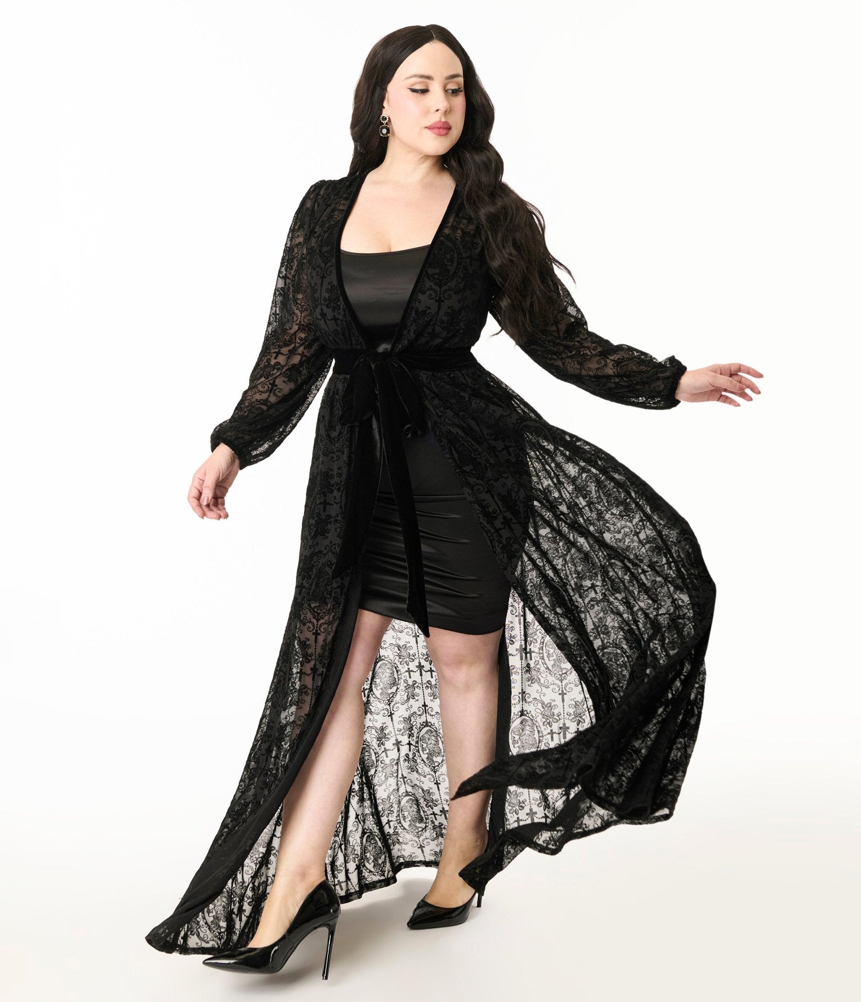 maxi dress and duster set Unique Vintage Plus Size Black Flocked La Caterina Hollywood Duster