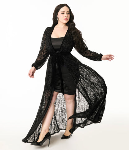 Unique Vintage Plus Size Black Flocked La Caterina Hollywood Duster - Unique Vintage - Womens, DRESSES, MAXI