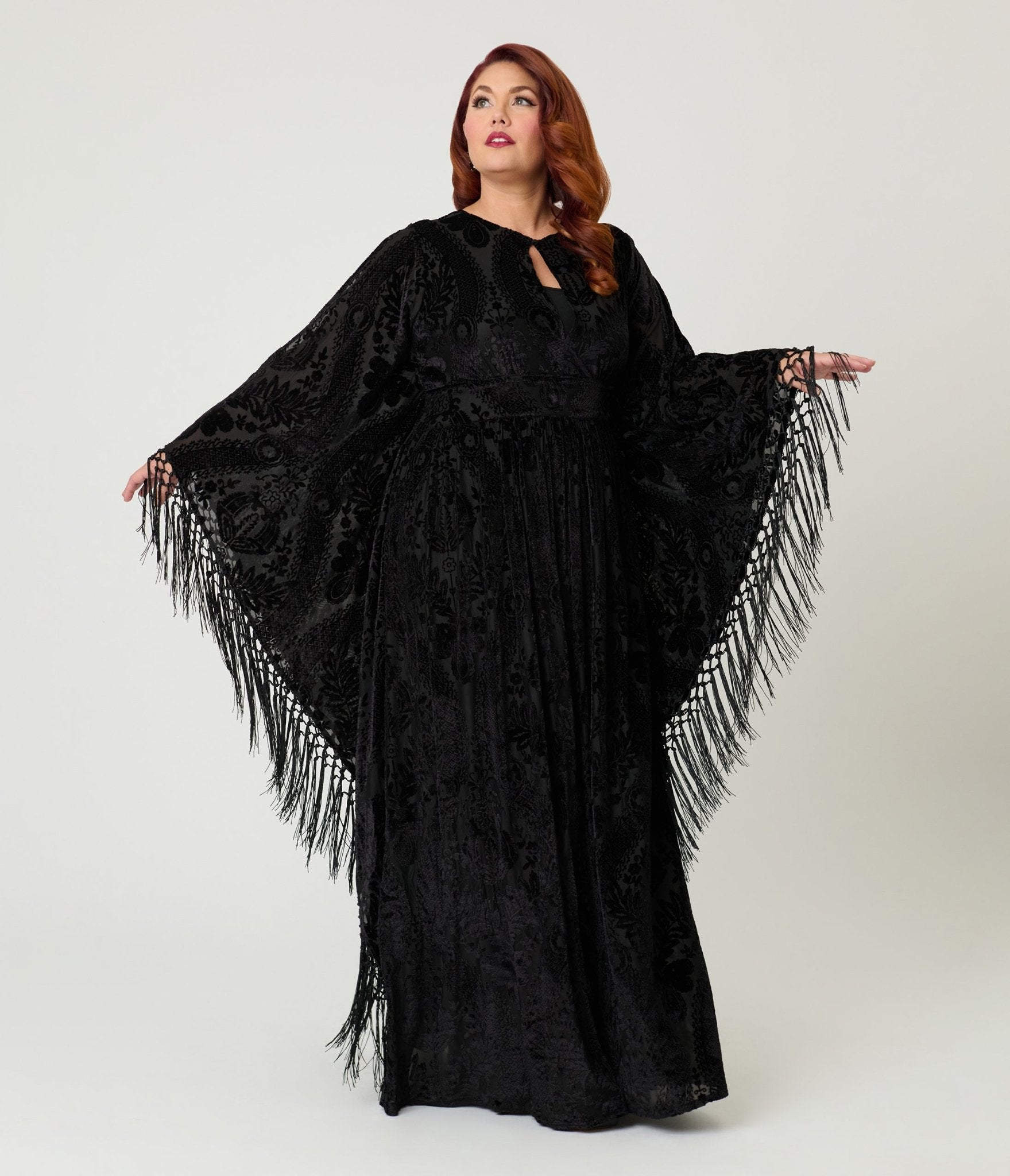Unique Vintage Plus Size Black Floral Burnout Fringe Flutter Sleeve Caftan