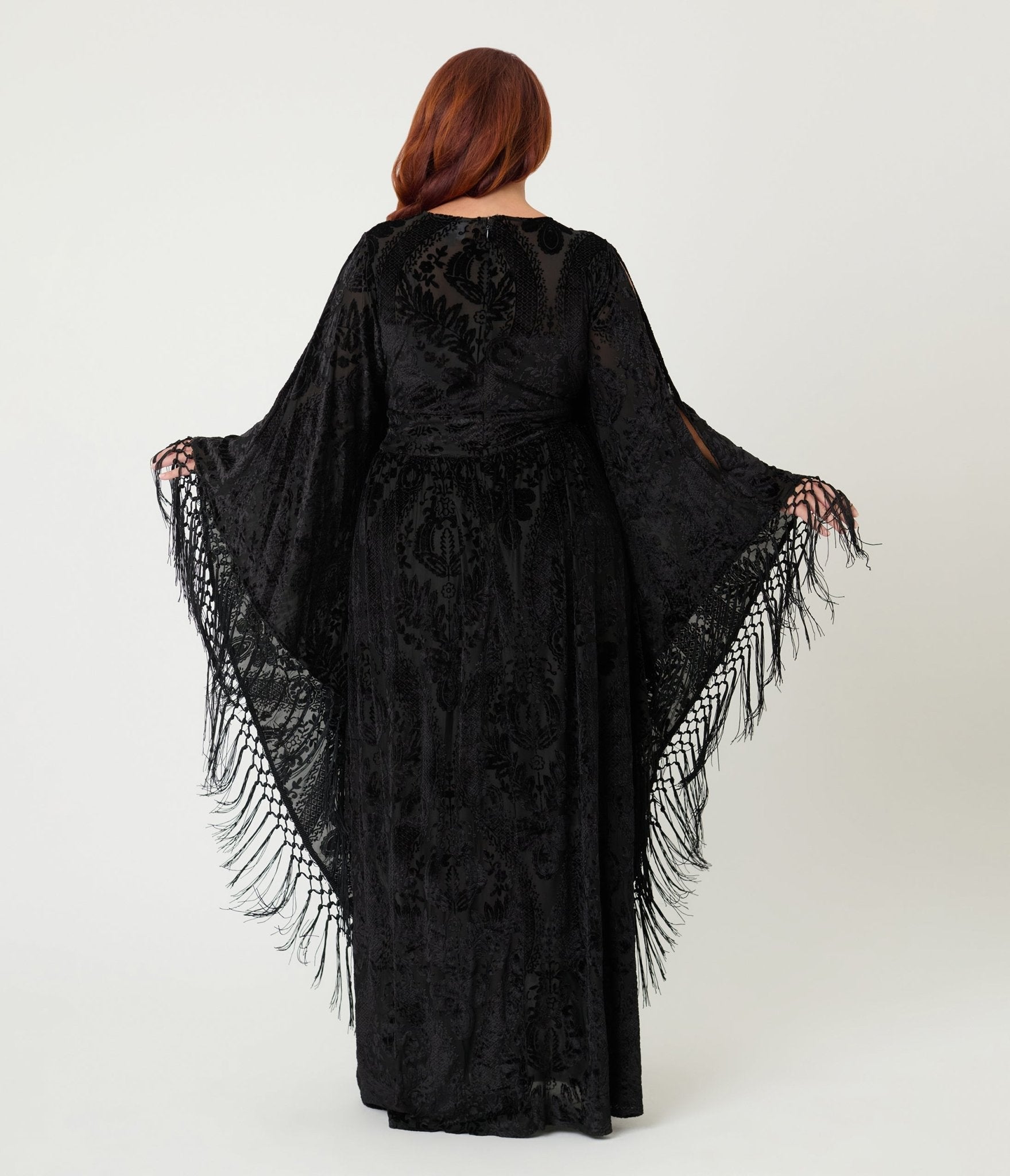 Unique Vintage Plus Size Black Floral Burnout Fringe Flutter Sleeve Caftan
