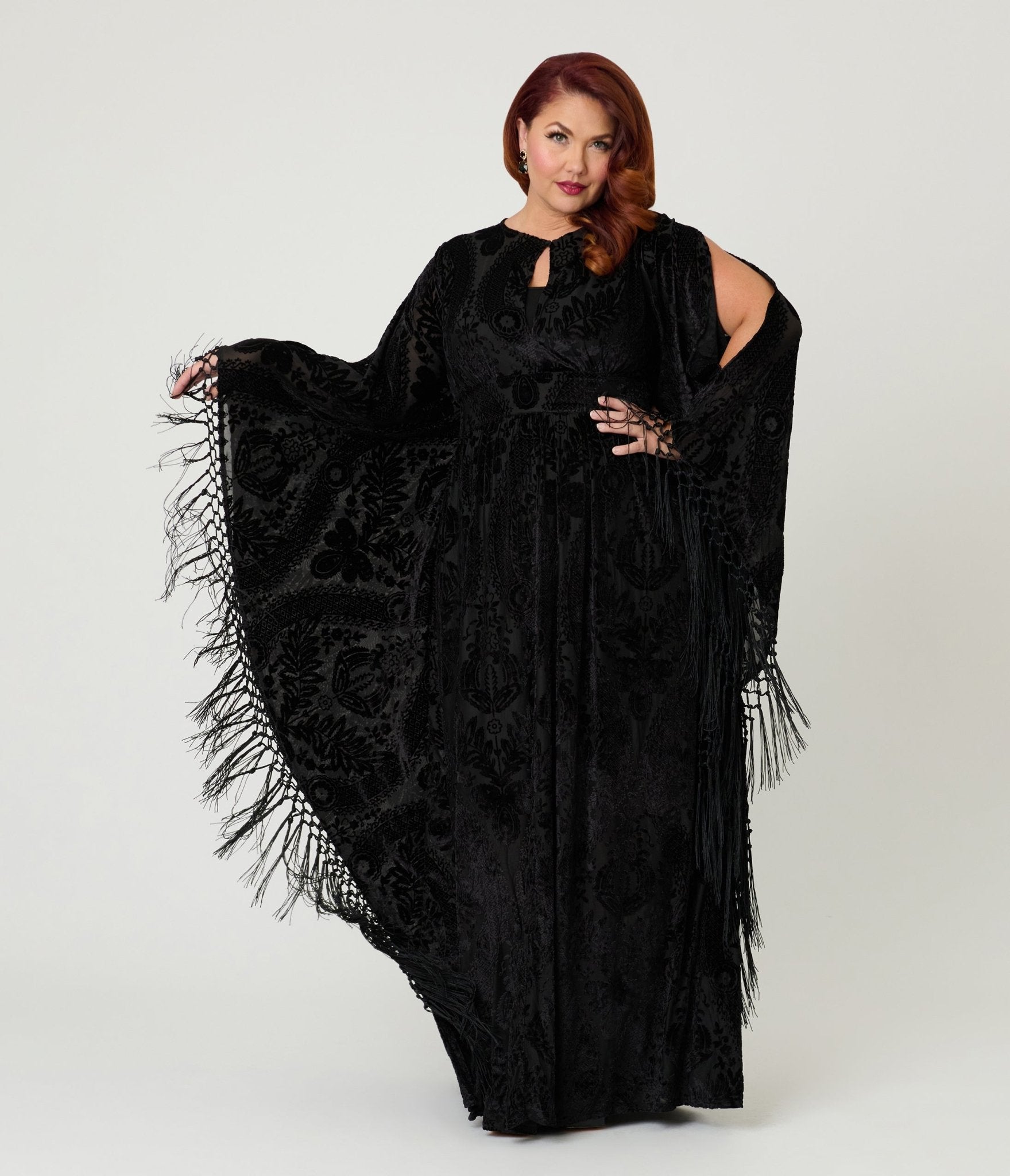 Unique Vintage Plus Size Black Floral Burnout Fringe Flutter Sleeve Caftan