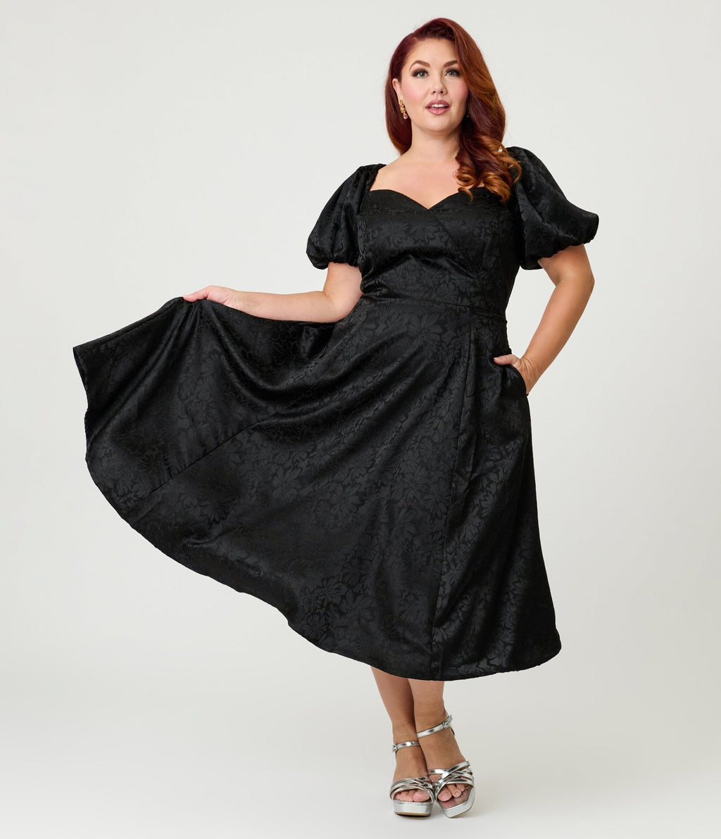 Unique Vintage Plus Size Black Floral Jacquard Sweetheart Swing Dress