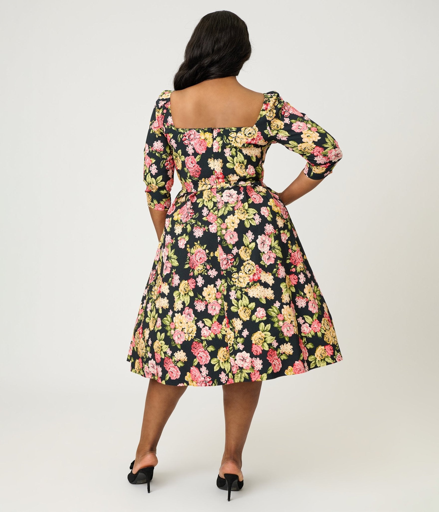 Unique Vintage Plus Size Black Floral Lamar Swing Dress