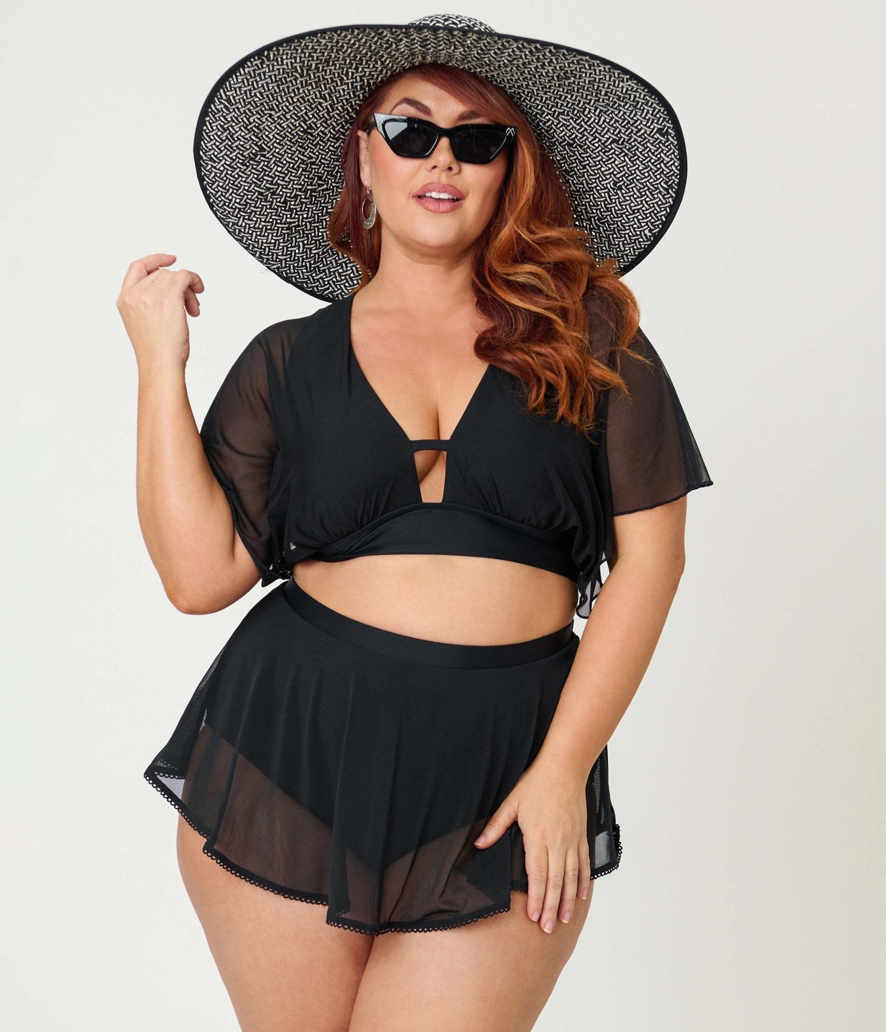 Unique Vintage Plus Size Black Flutter Sleeve Swim Top - Unique Vintage - Womens, SWIM, TOP