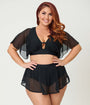 Unique Vintage Plus Size Black Flutter Sleeve Swim Top