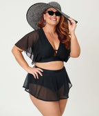 Unique Vintage Plus Size Black Flutter Sleeve Swim Top - Unique Vintage - Womens, SWIM, TOP