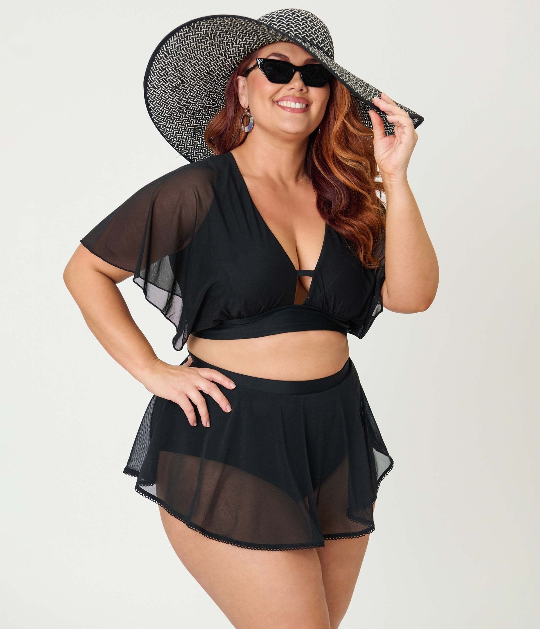 Unique Vintage Plus Size Black Flutter Sleeve Swim Top - Unique Vintage - Womens, SWIM, TOP