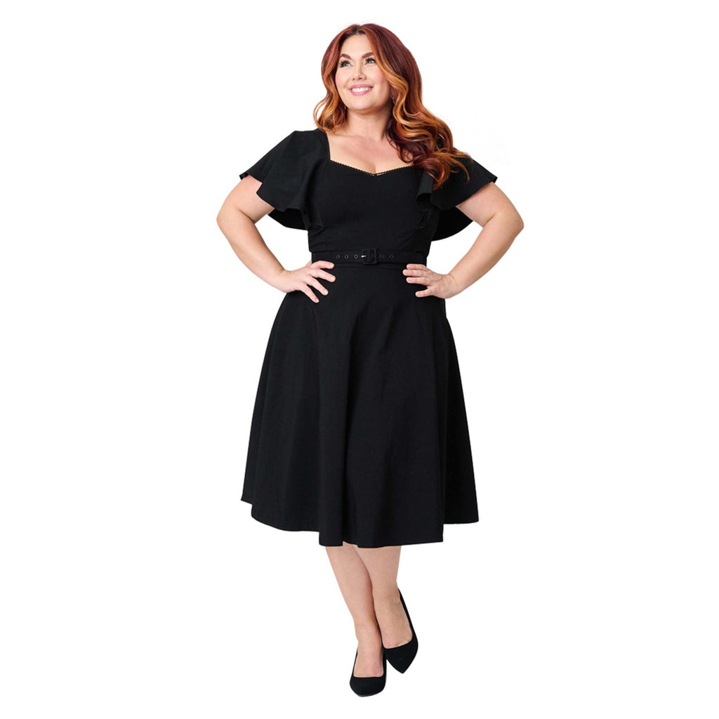 Unique Vintage Plus Size Black Flutter Sleeve Swing Dress - Unique Vintage - Womens, DRESSES, SWING