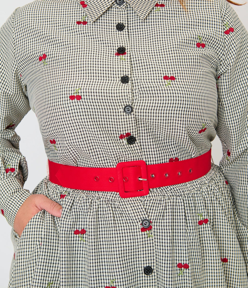 Unique Vintage Plus Size Black Gingham & Cherries Belted Shirt Dress - Unique Vintage - Womens, DRESSES, SWING