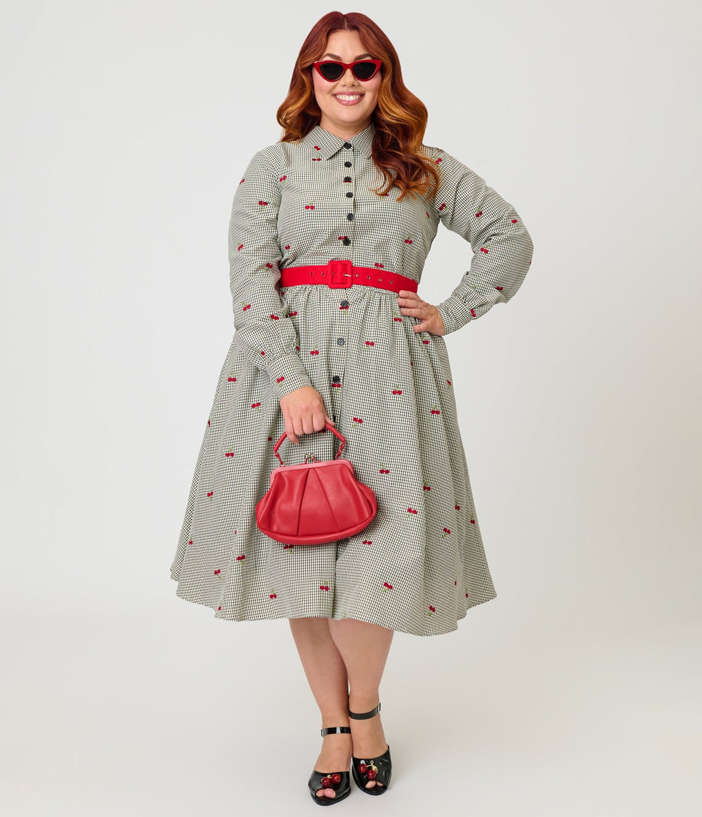 Unique Vintage Plus Size Black Gingham & Cherries Belted Shirt Dress - Unique Vintage - Womens, DRESSES, SWING