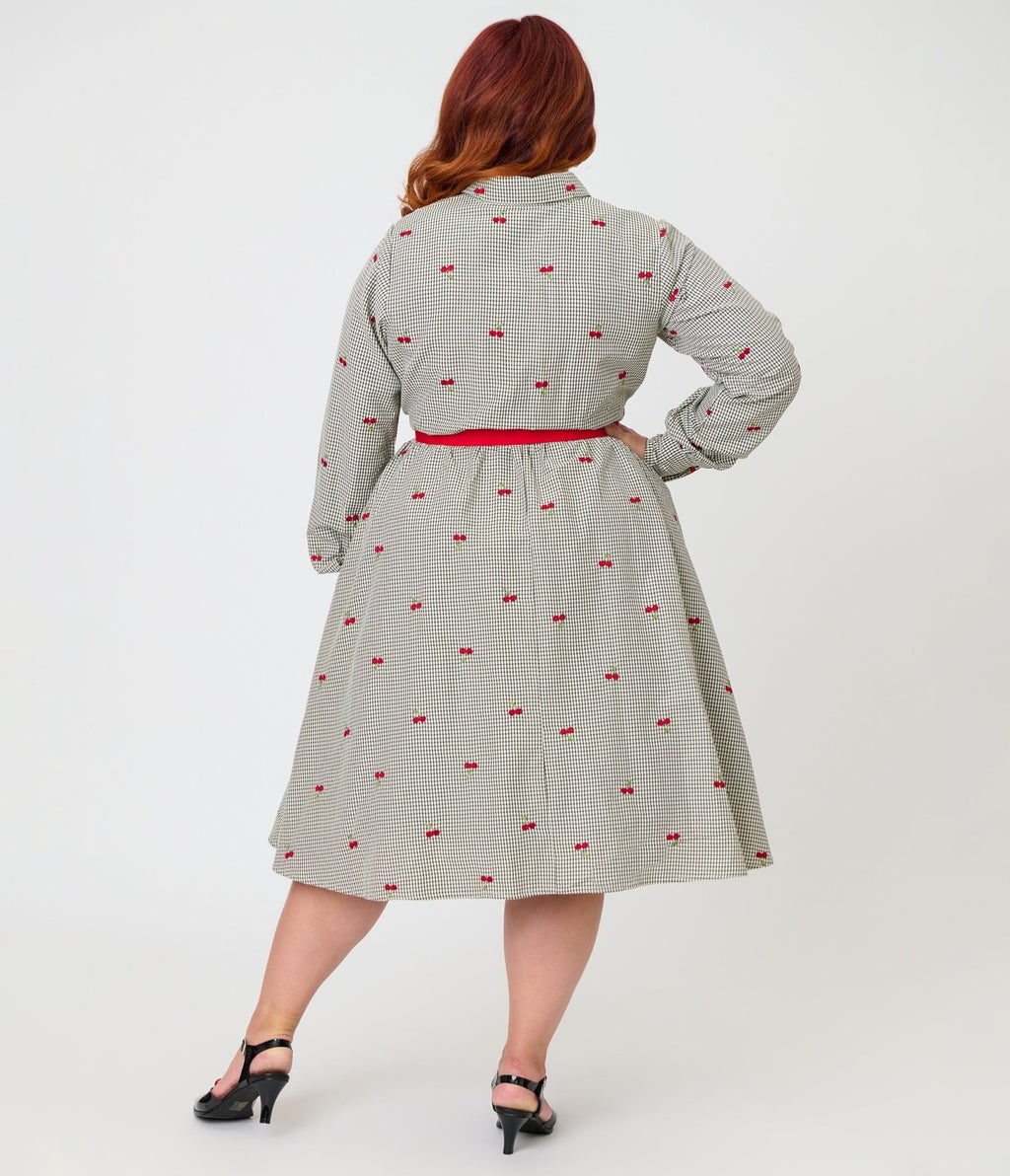 Unique Vintage Plus Size Black Gingham & Cherries Belted Shirt Dress - Unique Vintage - Womens, DRESSES, SWING