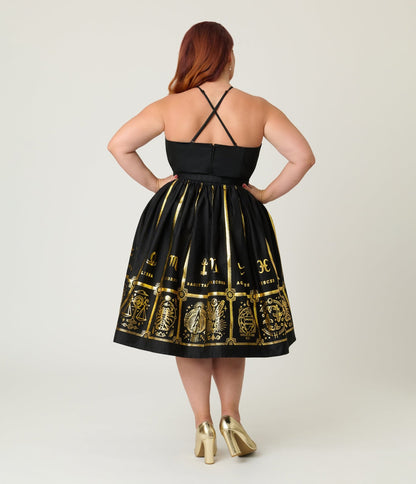 Unique Vintage Plus Black & Gold Astrological Chart Sweetheart Halter Swing Dress - Unique Vintage - Womens, DRESSES, SWING