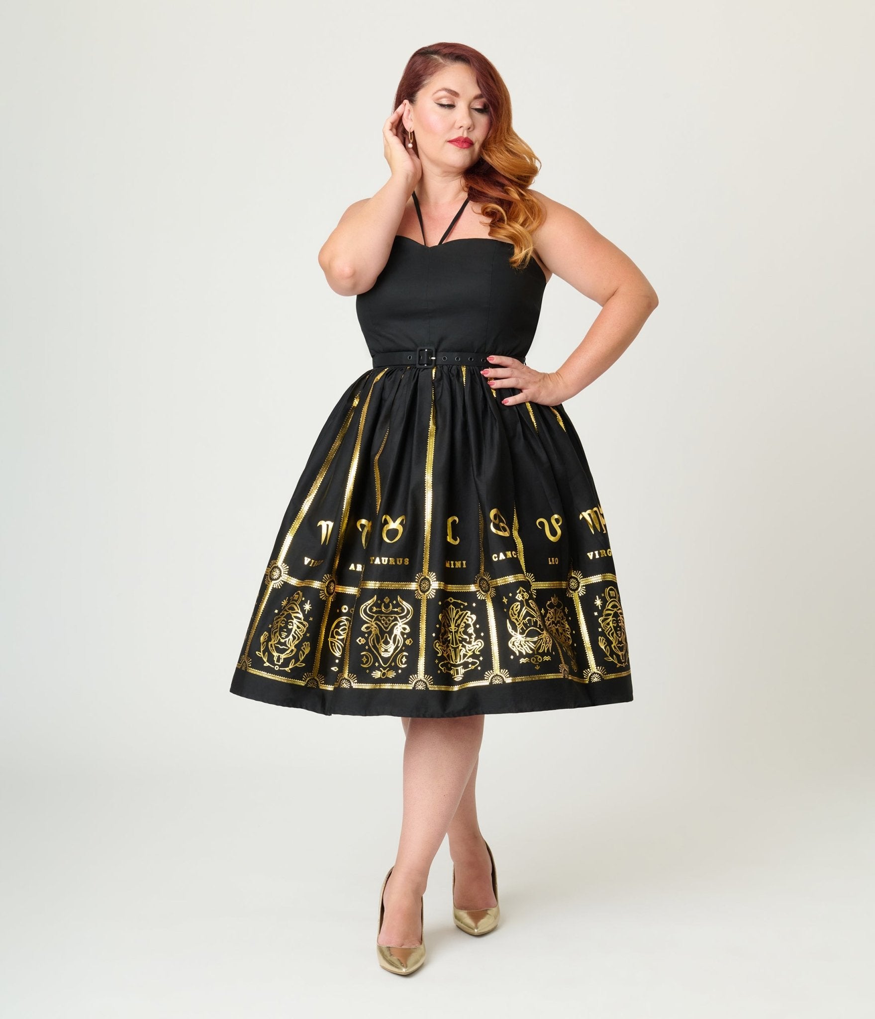 Unique Vintage Plus Black & Gold Astrological Chart Sweetheart Halter Swing Dress - Unique Vintage - Womens, DRESSES, SWING