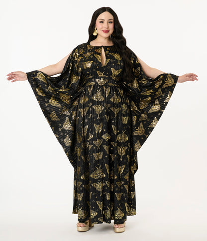 Unique Vintage Plus Size Black & Gold Moth Flutter Sleeve Caftan - Unique Vintage - Womens, DRESSES, MAXI