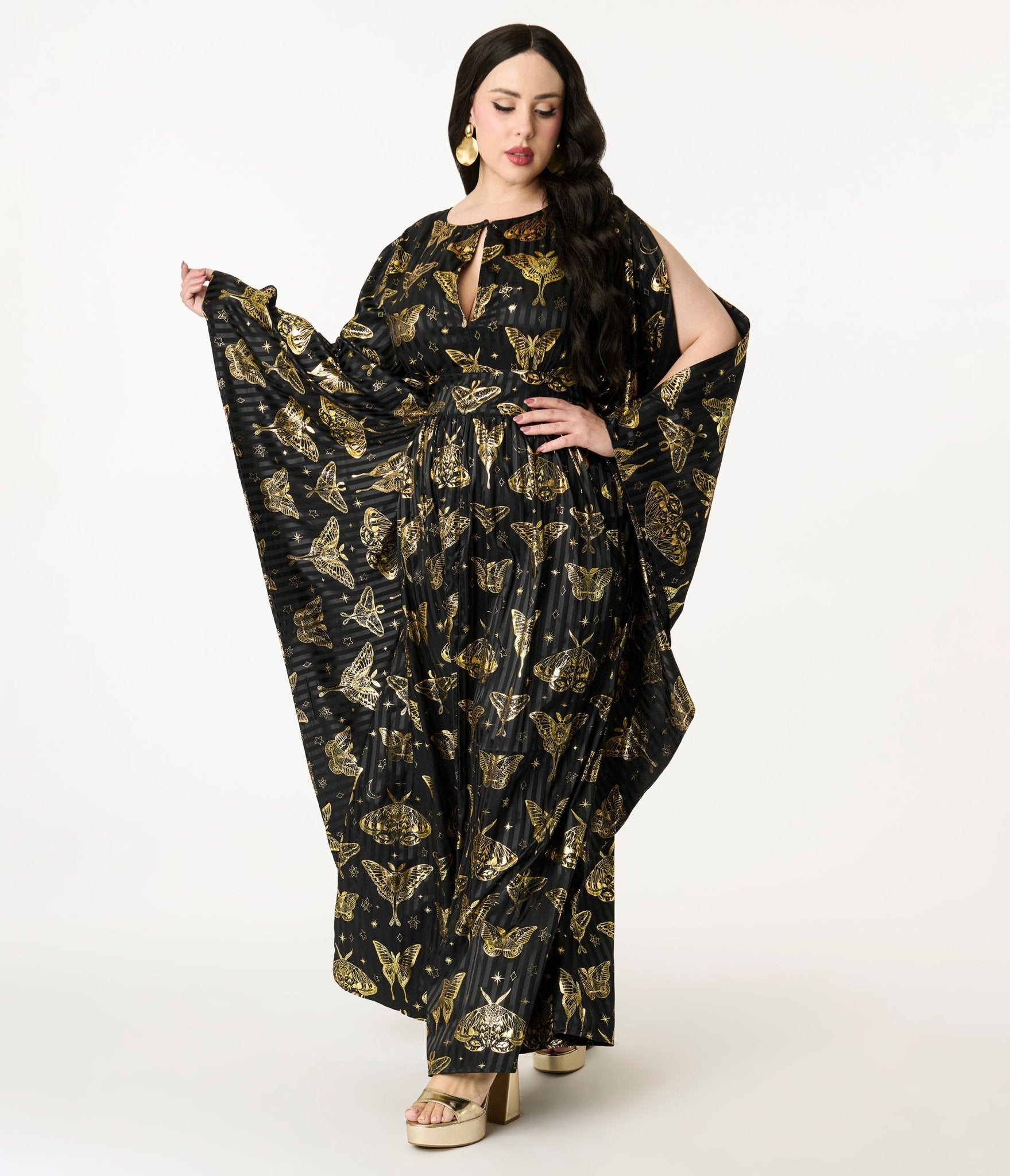 Unique Vintage Plus Size Black & Gold Moth Flutter Sleeve Caftan - Unique Vintage - Womens, DRESSES, MAXI