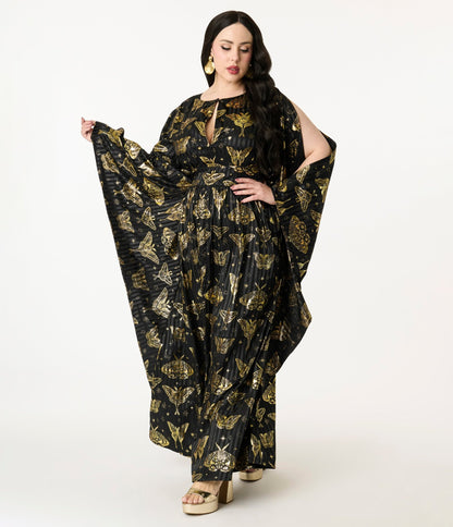 Unique Vintage Plus Size Black & Gold Moth Flutter Sleeve Caftan - Unique Vintage - Womens, DRESSES, MAXI