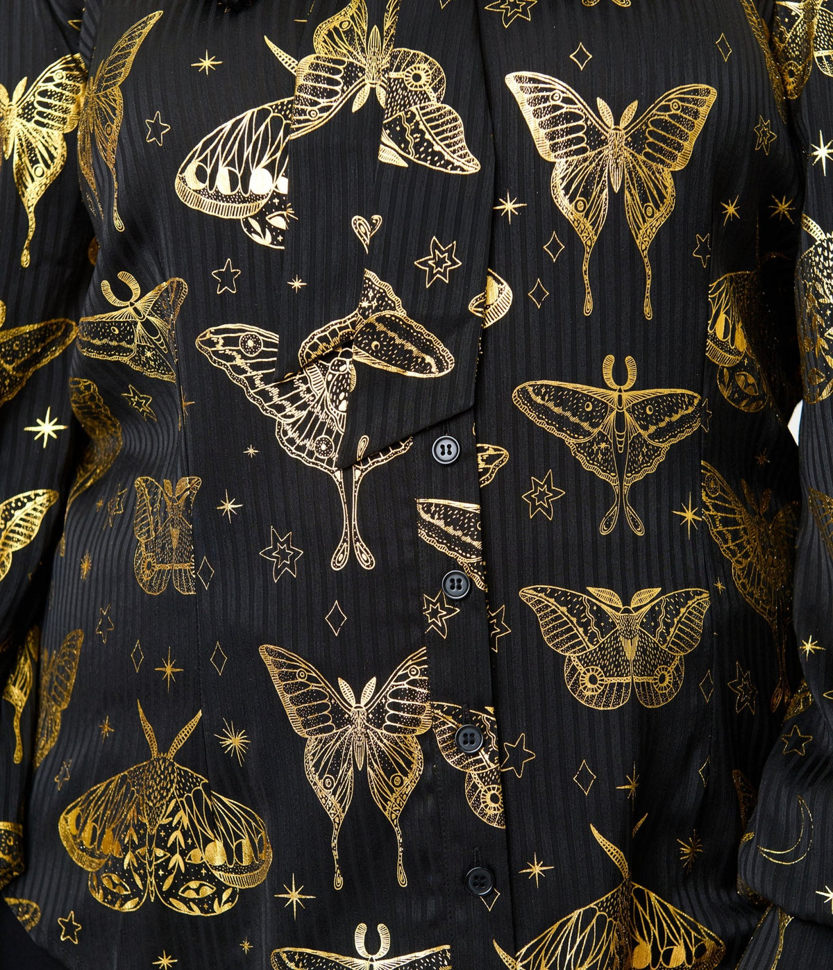 Unique Vintage Plus Size Black & Gold Moth Neck Tie Gwen Blouse - Unique Vintage - Tops