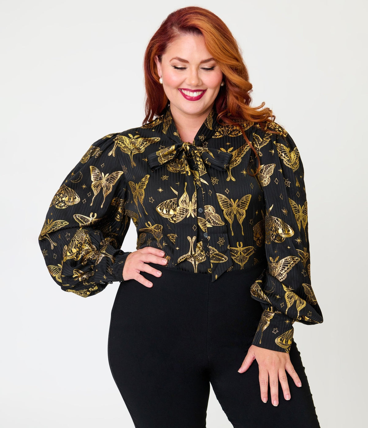 Unique Vintage Plus Size Black & Gold Moth Neck Tie Gwen Blouse - Unique Vintage - Tops