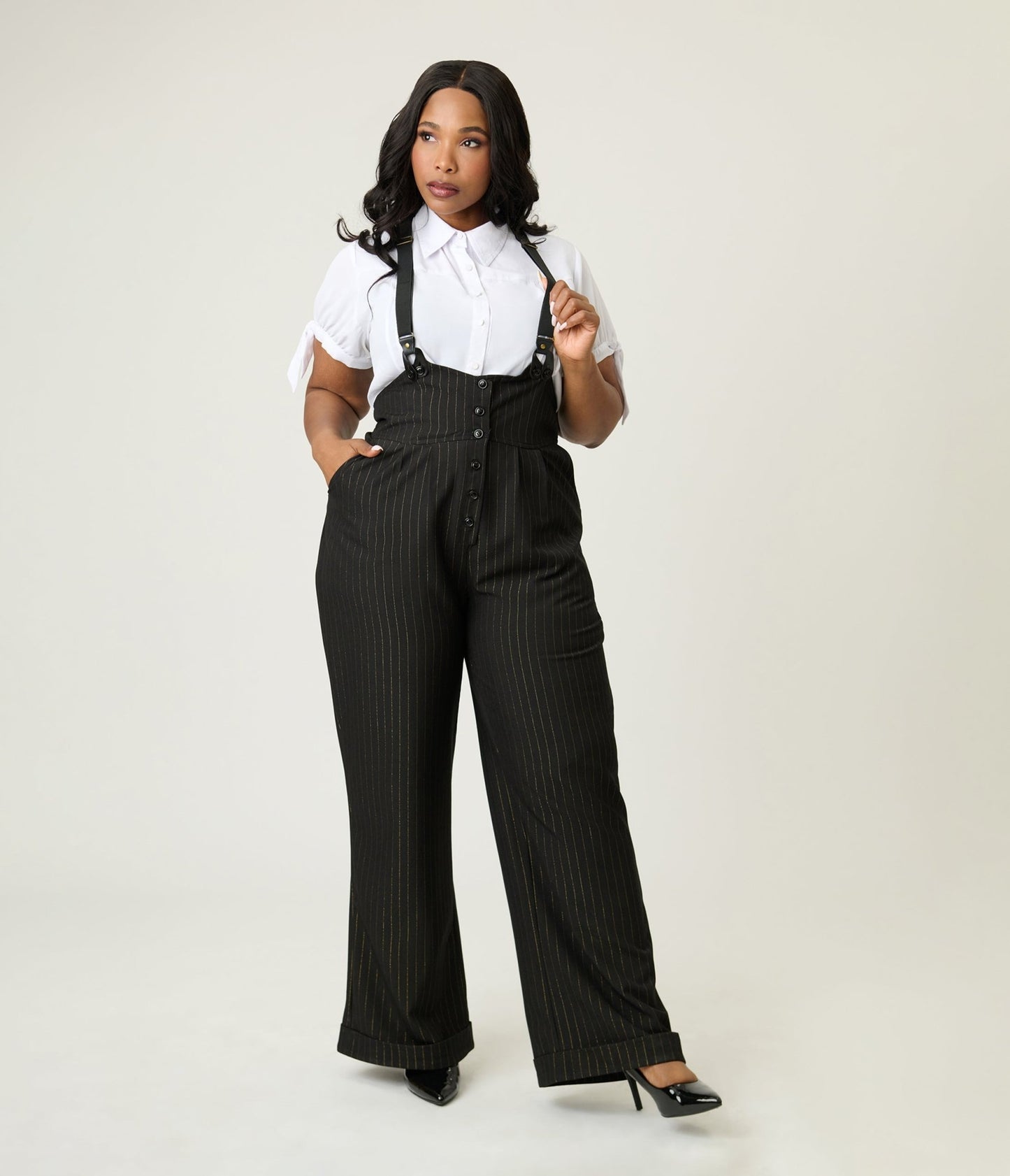 Unique Vintage Plus Size Black & Gold Pinstripe Thelma Suspender Pants - Unique Vintage - Womens, BOTTOMS, PANTS
