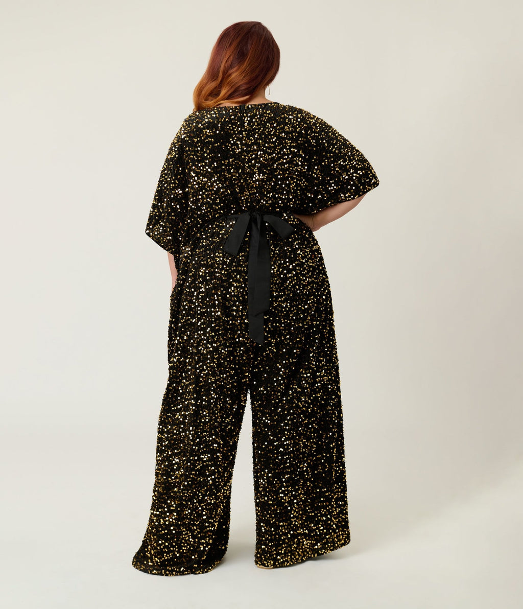 Unique Vintage Plus Size Black & Gold Sequin Caftan Jumpsuit - Unique Vintage - Womens, BOTTOMS, ROMPERS AND JUMPSUITS