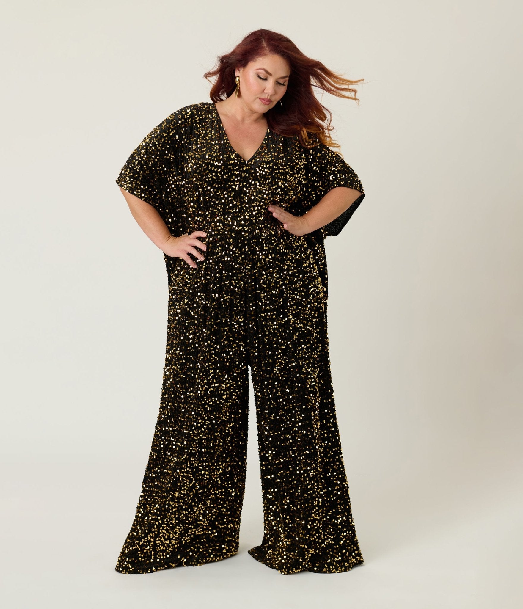 Unique Vintage Plus Size Black & Gold Sequin Caftan Jumpsuit - Unique Vintage - Womens, BOTTOMS, ROMPERS AND JUMPSUITS