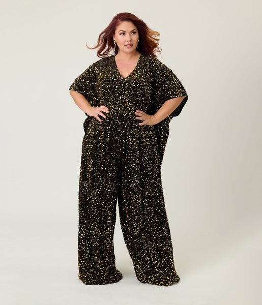 Unique Vintage Plus Size Black & Gold Sequin Caftan Jumpsuit