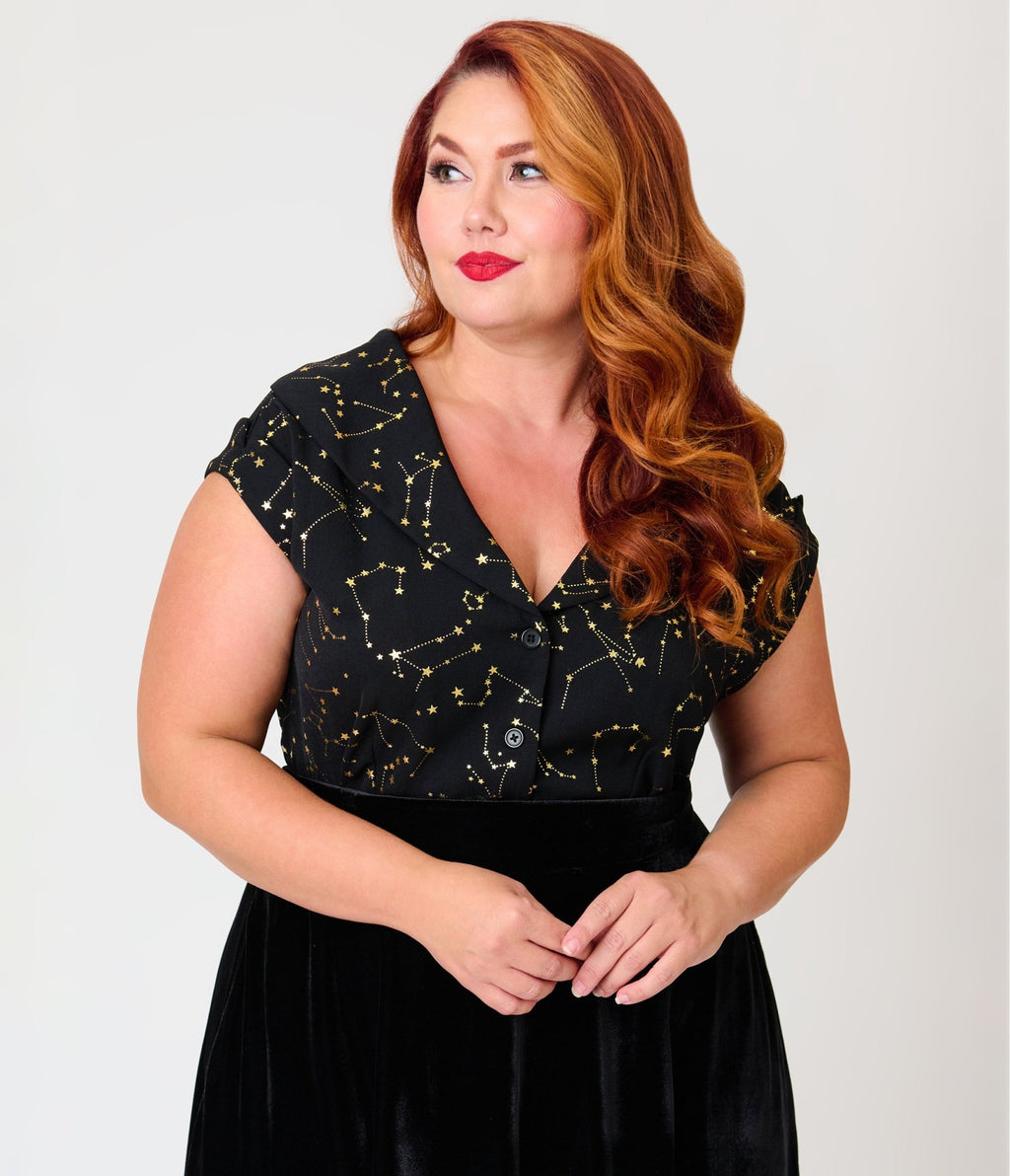 Unique Vintage Plus Size Black & Gold Star Print Sleeveless Blouse - Unique Vintage -