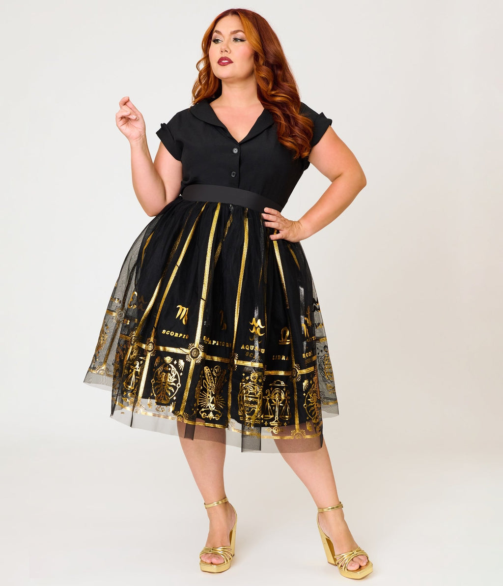 Unique Vintage Plus Size Black & Gold Zodiac Ballerina Skirt - Unique Vintage - Womens, BOTTOMS, SKIRTS