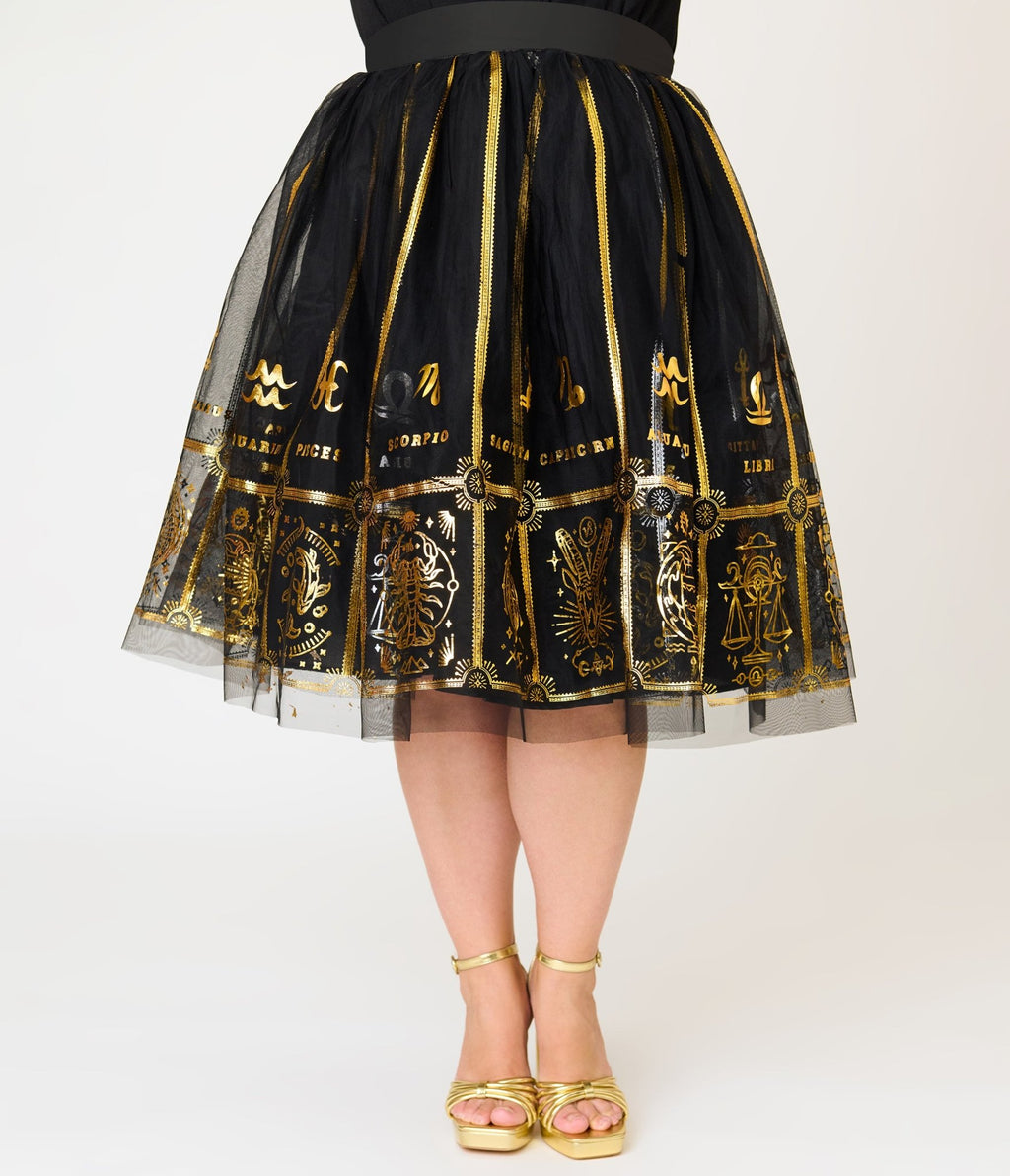 Unique Vintage Plus Size Black & Gold Zodiac Ballerina Skirt - Unique Vintage - Womens, BOTTOMS, SKIRTS