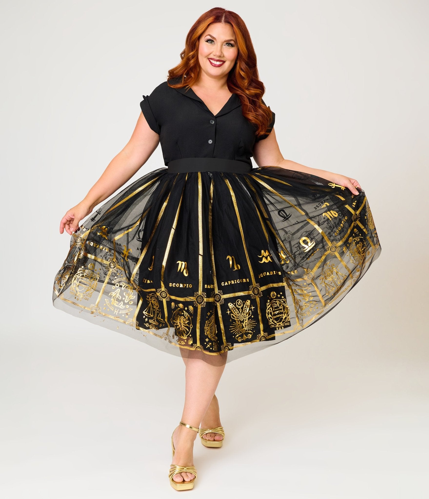 Unique Vintage Plus Size Black & Gold Zodiac Ballerina Skirt - Unique Vintage - Womens, BOTTOMS, SKIRTS