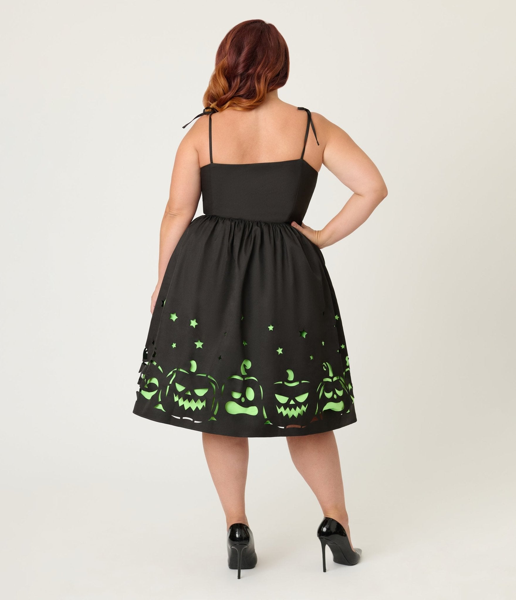 Unique Vintage Plus Size Black & Green Jack - O - Lantern Cutout Swing Dress - Unique Vintage - Womens, DRESSES, SWING