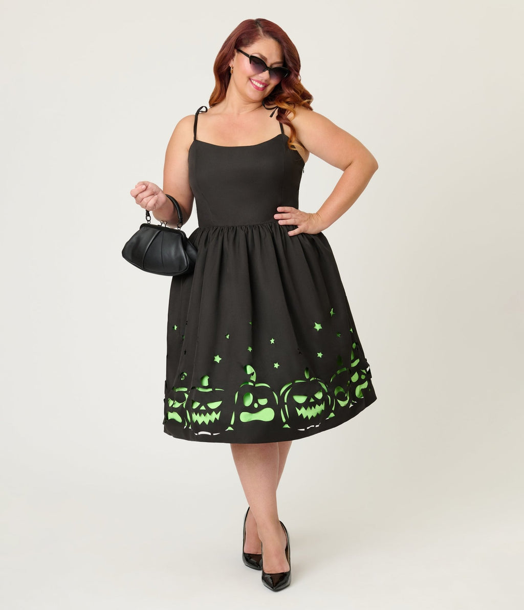 Unique Vintage Plus Size Black & Green Jack - O - Lantern Cutout Swing Dress - Unique Vintage - Womens, DRESSES, SWING