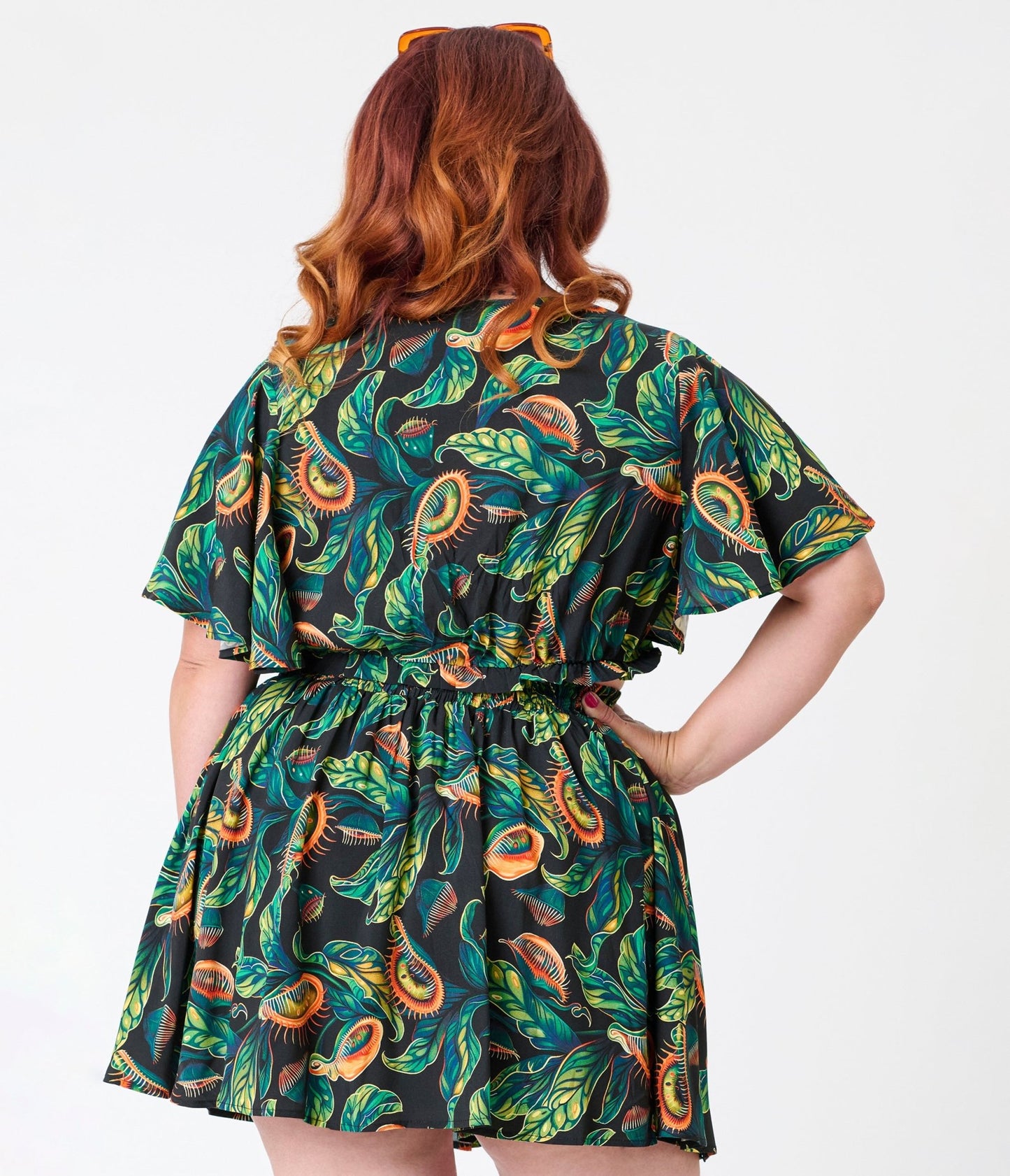 Unique Vintage Plus Size Black & Green Venus Flytrap Print Dottie Crop Top - Unique Vintage - Womens, TOPS, WOVEN TOPS