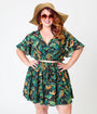 Unique Vintage Plus Size Black & Green Venus Flytrap Print Dottie Crop Top