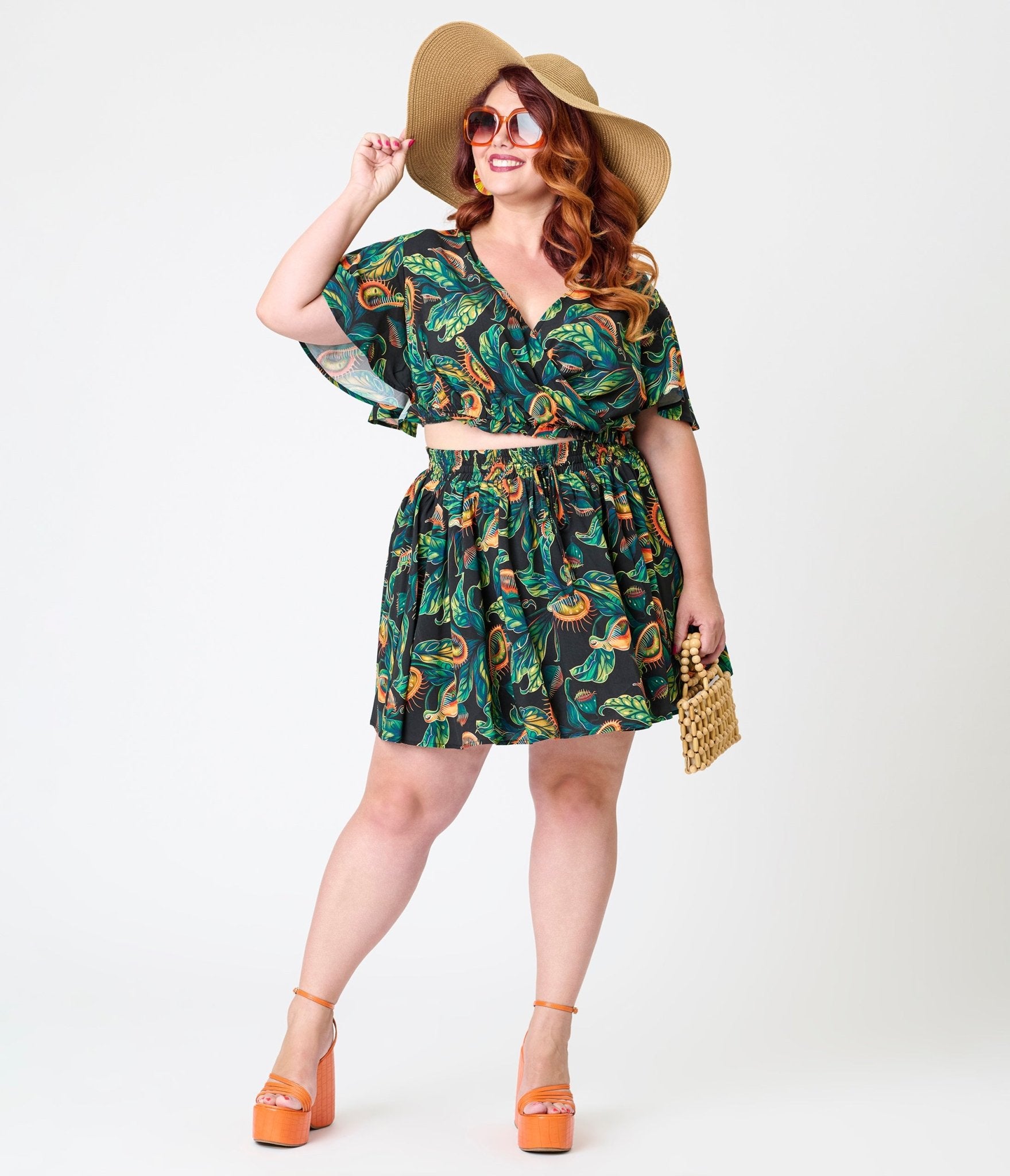 Unique Vintage Plus Size Black & Green Venus Flytrap Print Dottie Crop Top - Unique Vintage - Womens, TOPS, WOVEN TOPS