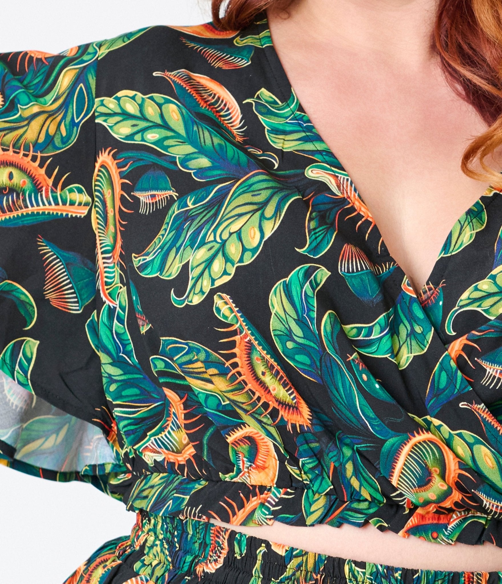 Unique Vintage Plus Size Black & Green Venus Flytrap Print Dottie Crop Top - Unique Vintage - Womens, TOPS, WOVEN TOPS