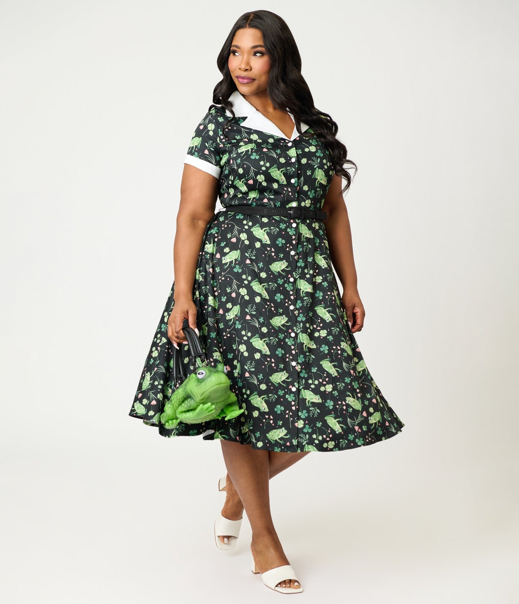 Unique Vintage Plus Size Black & Green Watercolor Frogs Alexis Swing Dress