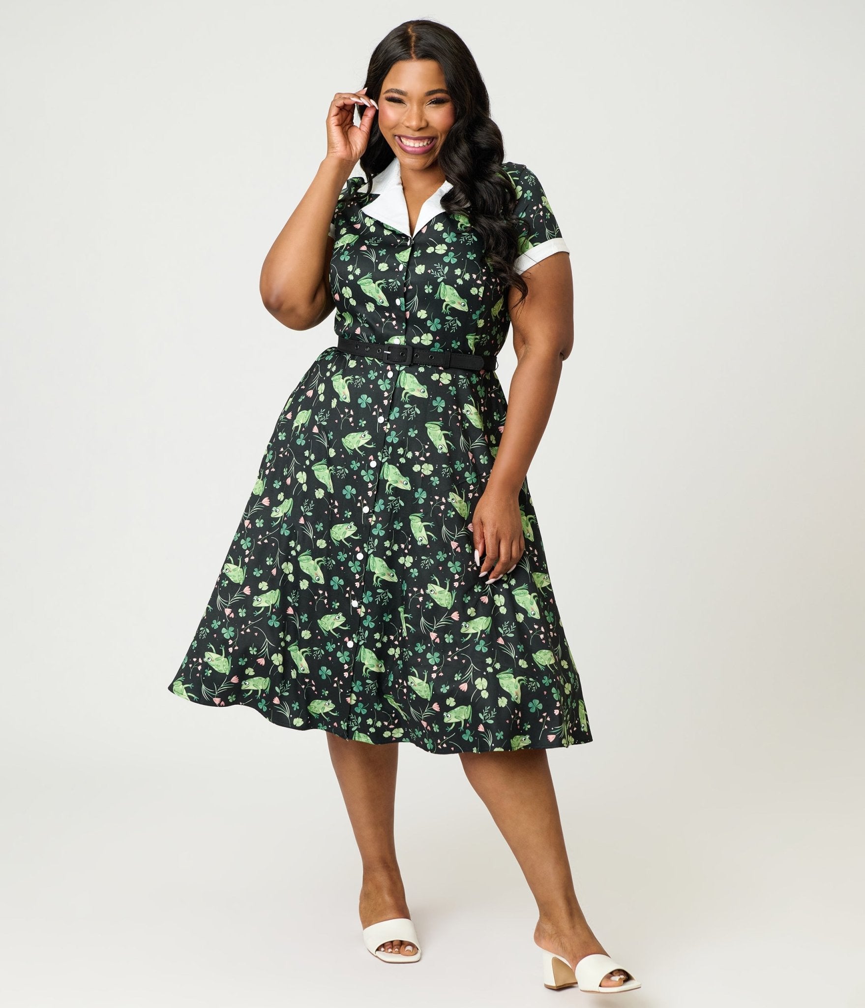 Unique Vintage Plus Size Black & Green Watercolor Frogs Alexis Swing Dress - Unique Vintage - Womens, DRESSES, SWING